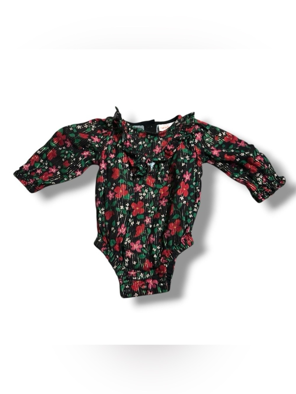 Cat & Jack Black Floral Long Sleeve Woven Lurex Romper Baby Girl Newborn Size
